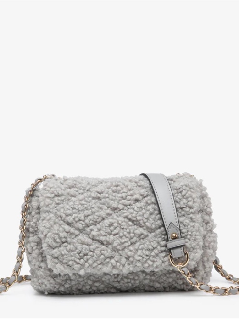 Cozy Quilted Faux Shearling Crossbody Bag in Light Gray